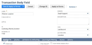 Custom filtered Location field on a purchase order listing all locations before the filtering script is applied