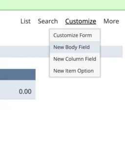 Creating the custbody_filtered_location custom transaction body field from the Customize menu on a purchase order