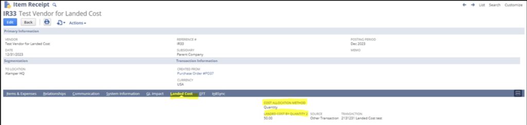 Landed cost allocation across freight, duty and handling in NetSuite inventory valuation