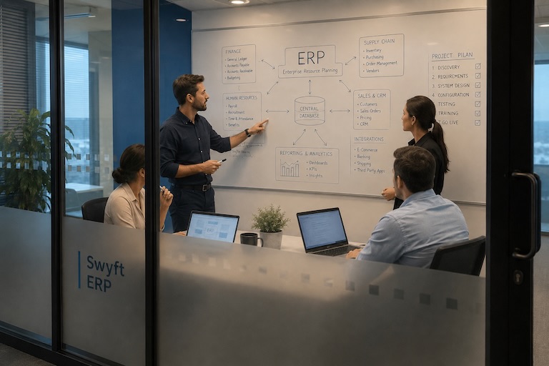 Swyft ERP consultants mapping an ERP architecture on a whiteboard