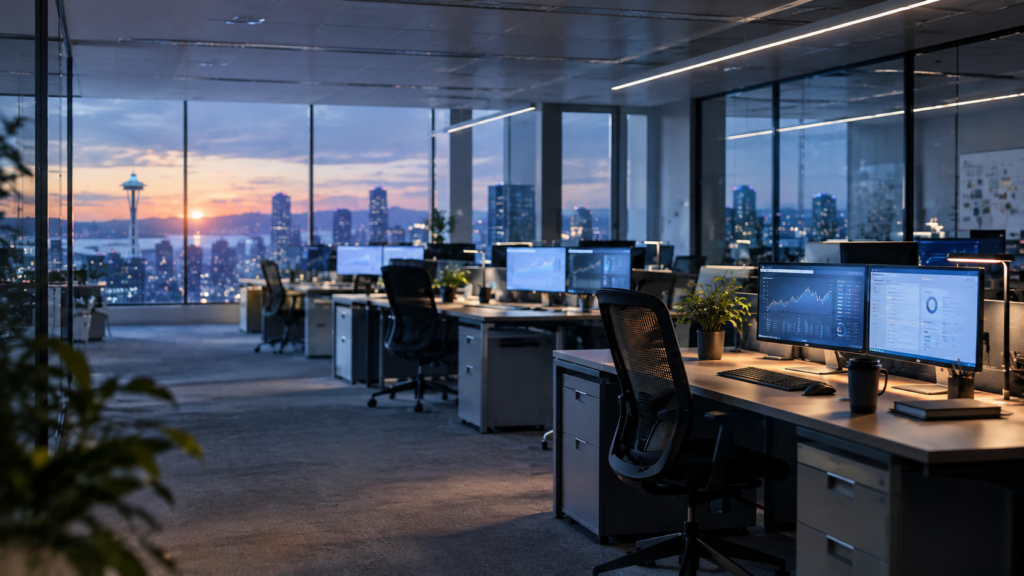 Empty Seattle office after hours, with workstations and the Space Needle visible through the windows