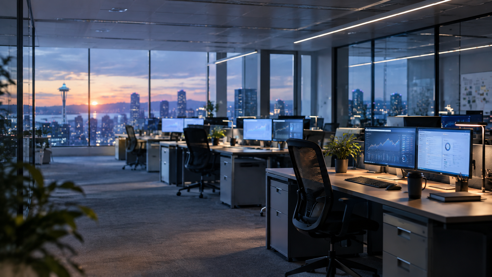 Empty Seattle office after hours, with workstations and the Space Needle visible through the windows