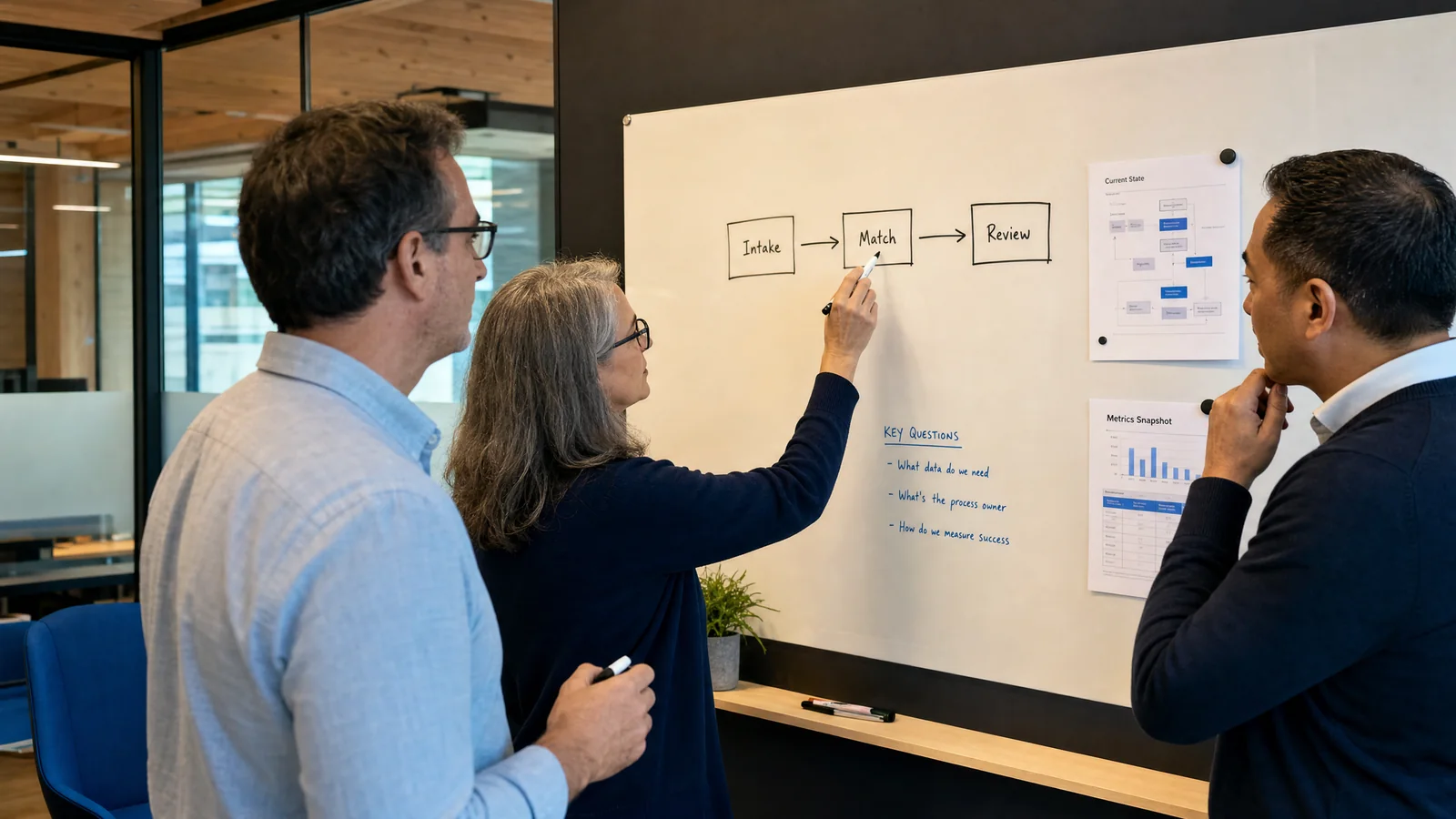Illustration of experienced consultants mapping a business process together