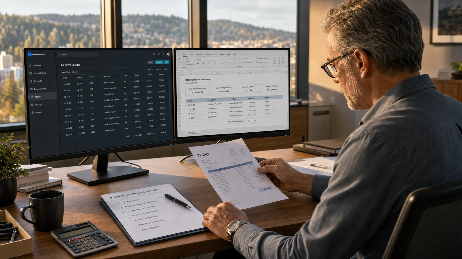 Illustration of a finance professional reviewing invoices and ledger information