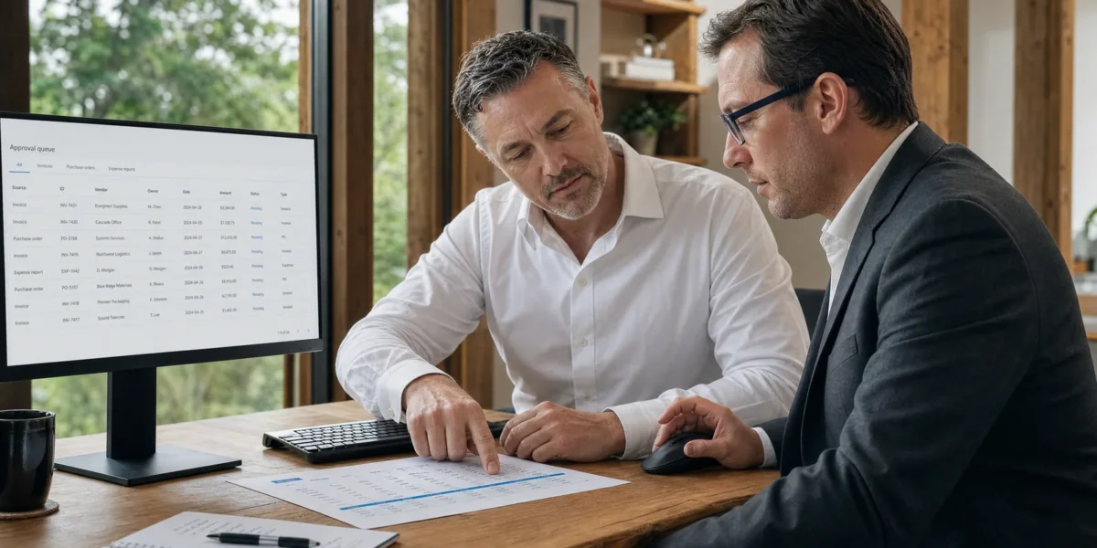 Illustration of finance professionals reviewing prepared work in morning light