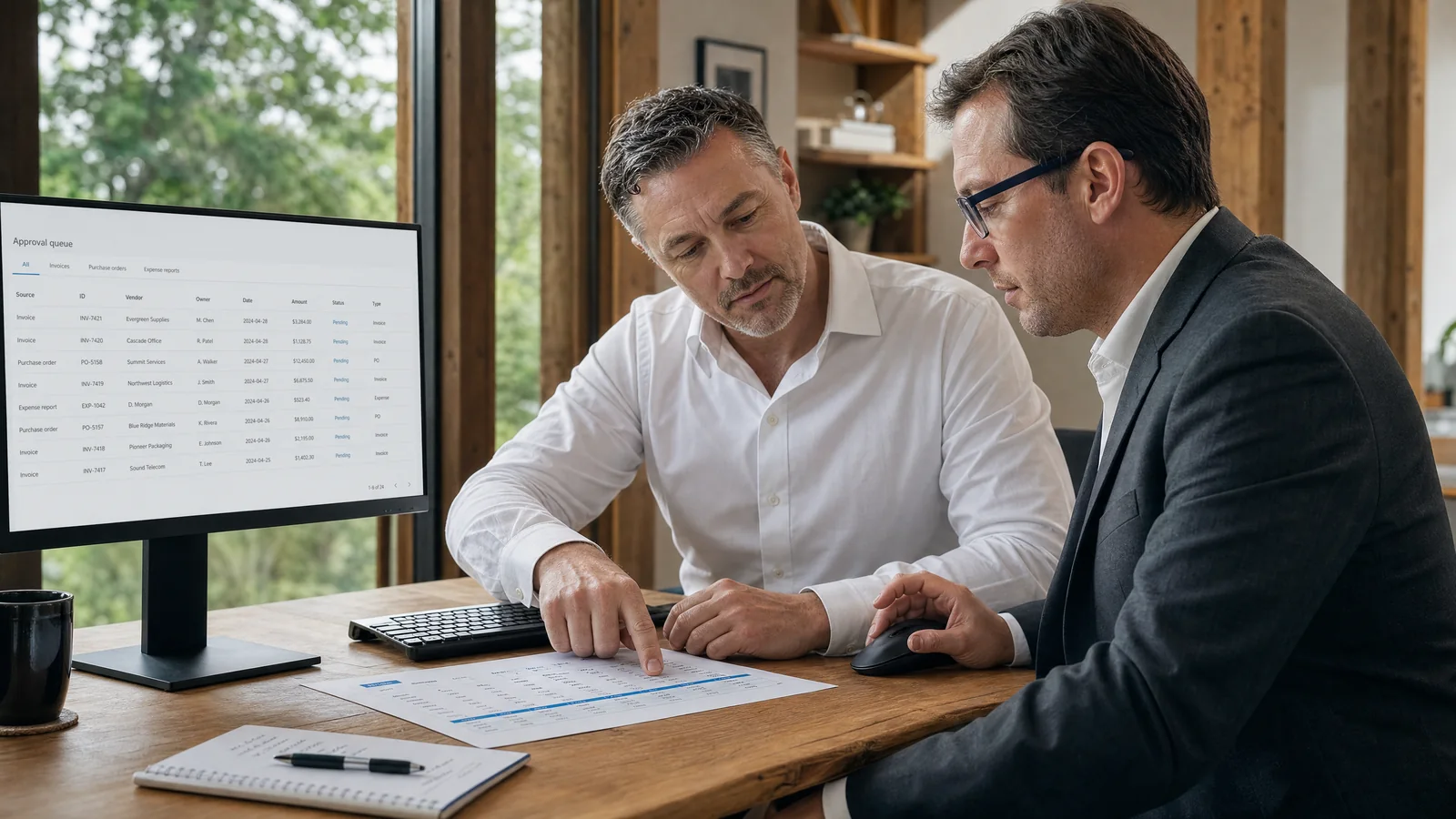 Illustration of finance professionals reviewing prepared work in morning light