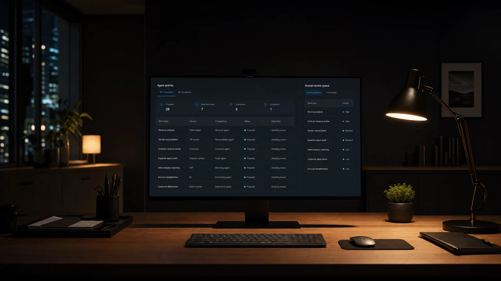 Illustration of an after-hours finance workspace with an active review queue